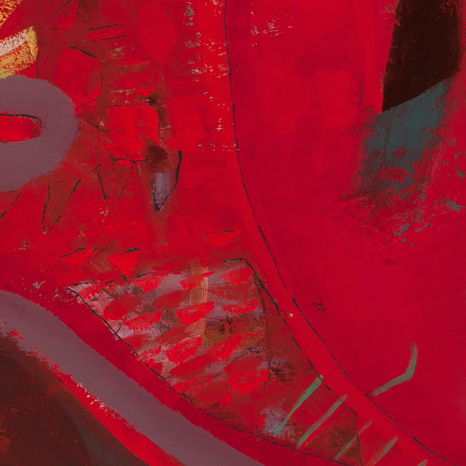 Melissa Shaak’s “Big Reds” is a 38 x 50 inch abstract acrylic painting on paper. A bright, slightly transparent red blankets the painting. The subtle layer below the red creates depth, while the layer above holds shapes that appear symbolic, as ripe