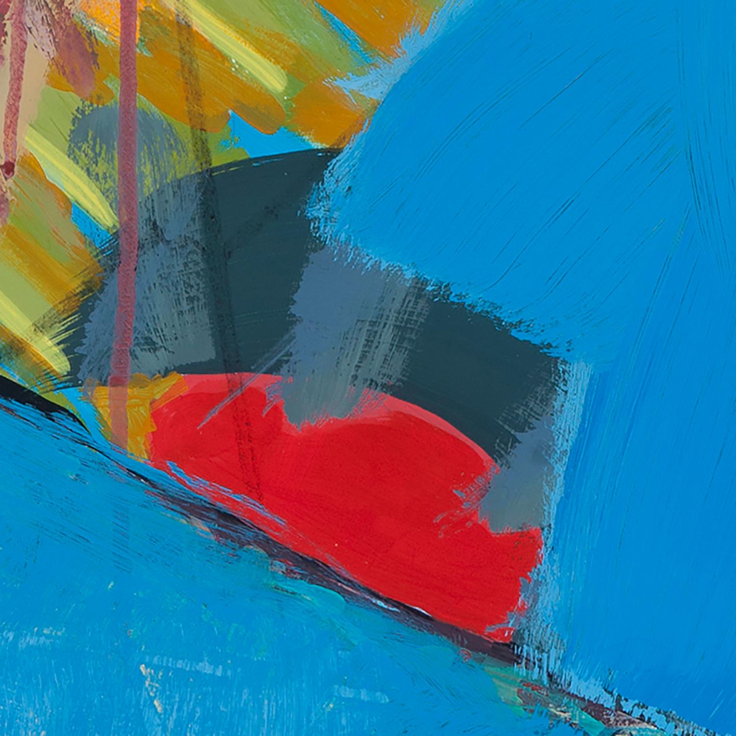 Melissa Shaak’s “Reds and Blues 1” is a 30 x 22 inch abstract acrylic painting on top-quality Stonehenge paper. Red-accented, patterned islands appear to float in a restful, spacious sea of blue. The painting evokes a dreamlike aerial view with