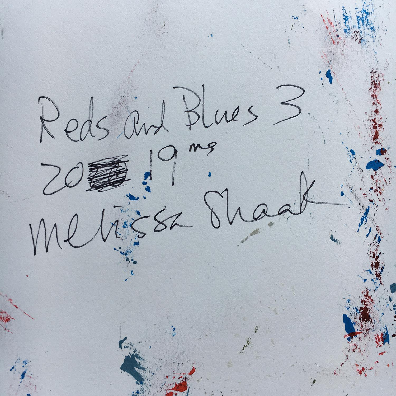 Melissa Shaak’s “Reds and Blues 3” is a 30 x 22 inch abstract acrylic painting on top-quality Stonehenge paper. Vibrant red dominates this painting. Bold, curving lines define shapes that evoke whimsical creatures. Sections of blue provide a
