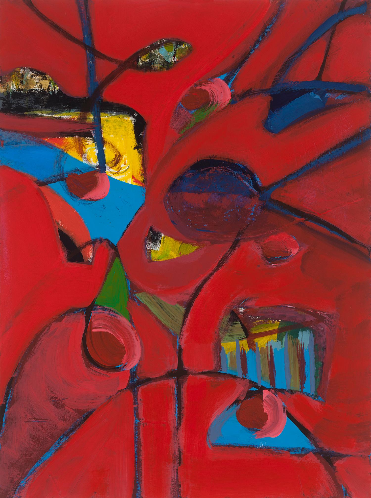« Reds and Blues 3 », peinture à l'acrylique abstraite, audacieuse et fantaisiste, jaune