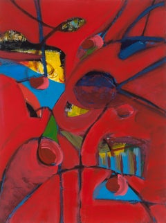 "Rosso e blu 3", pittura acrilica astratta, audace, stravagante, gialla