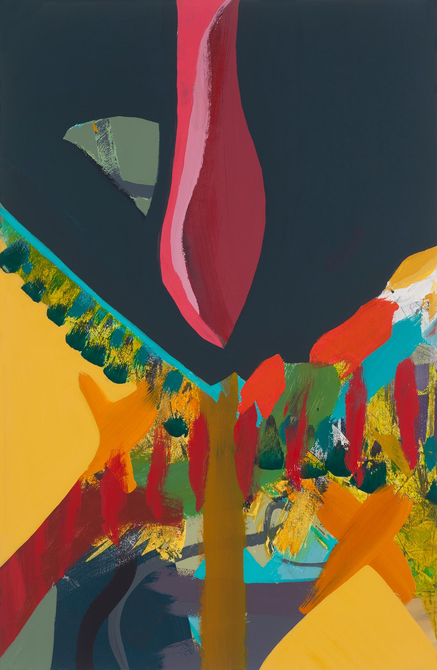 Abstract Painting Melissa Shaak - "Pirouette", contemporain, abstrait, audacieux, rouge, rose, gris, peinture acrylique.
