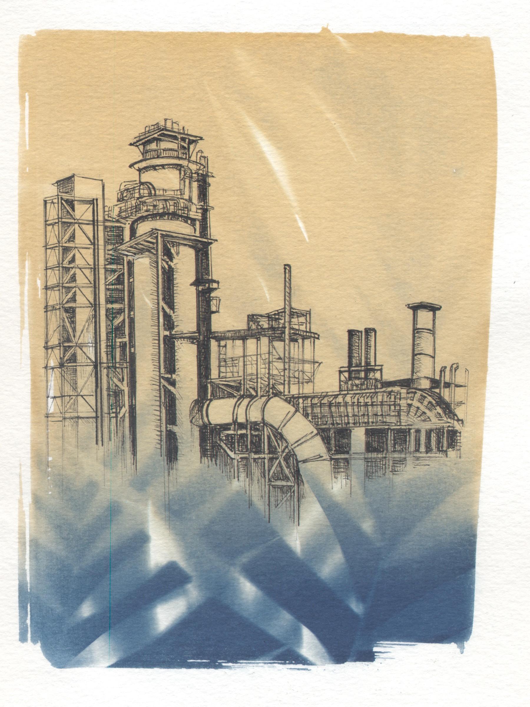 "Entanglement 12", contemporary, oil refinery, pen, ink, cyanotype, photograph