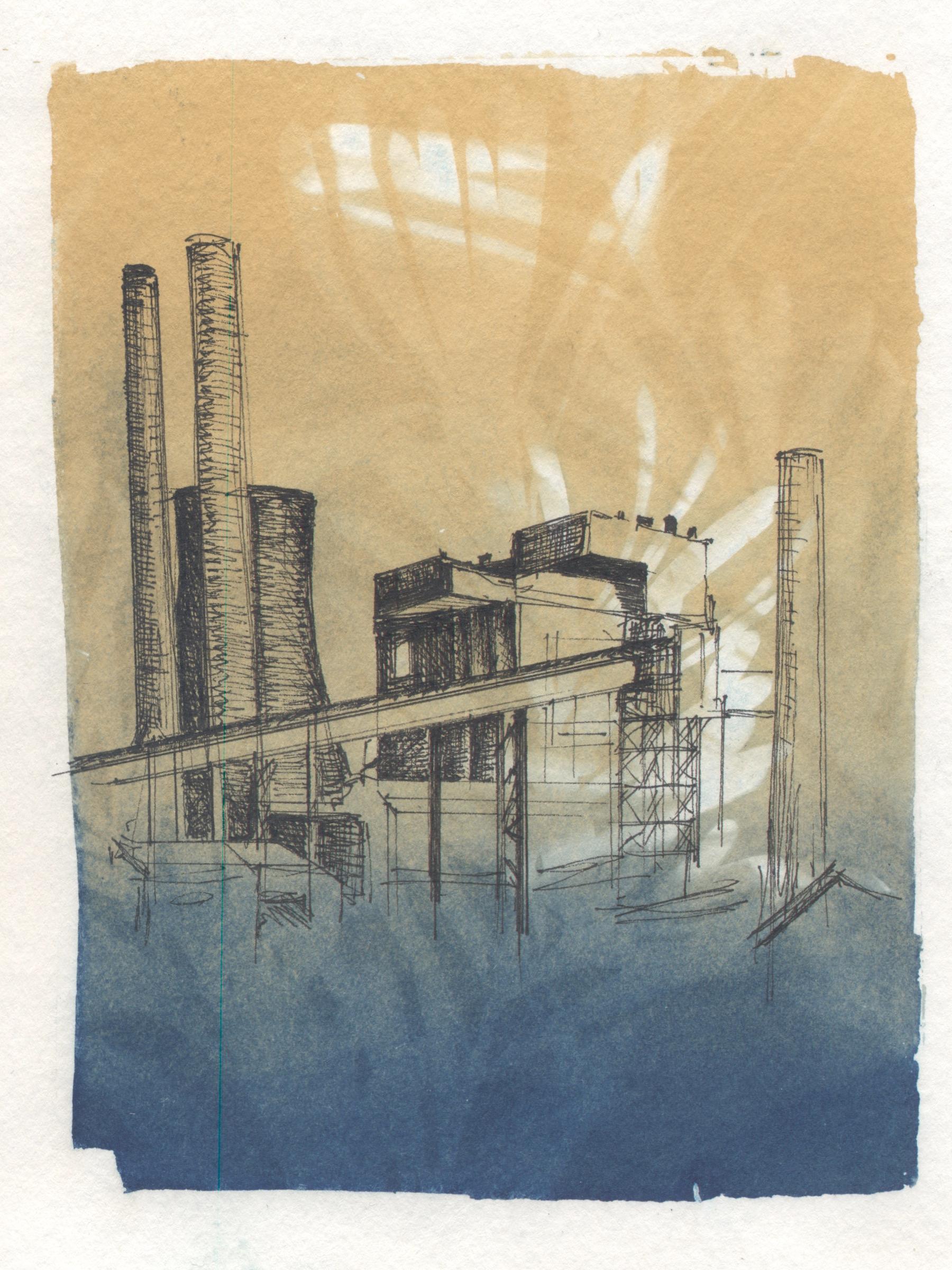 "Entanglement 1", contemporary, power plant, pen, ink, cyanotype, photograph