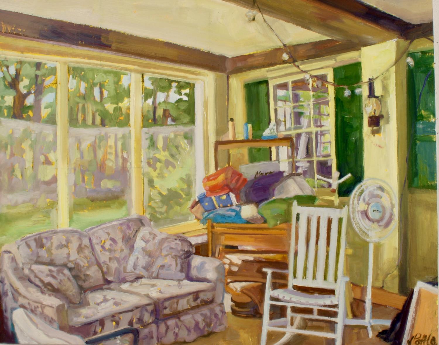 "Daron's Porch", oil painting, interior, vibrant, high chroma, yellow, warm