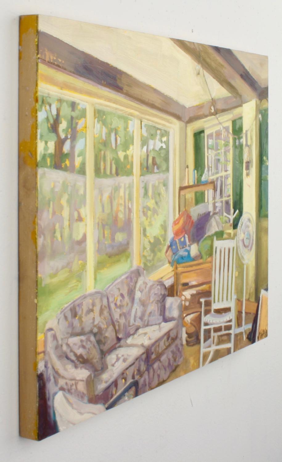 Jill Pottle’s interior titled “Daron’s Porch” is part of a new series titled “Interiors.” Jill started interiors four years ago and tries to capture the light pouring in and often times engages the outside world thru window views. In this 16 x 20