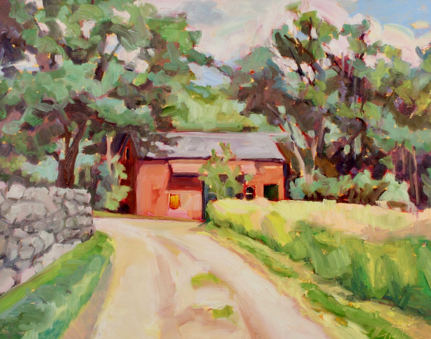 "Russell's Barn", landscape, nature, high chroma, vibrant, oil painting - Painting by Jill Pottle