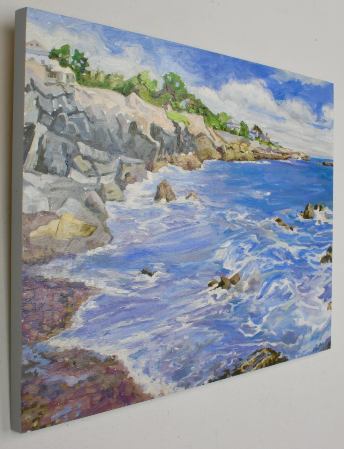 Jill Pottle’s seascape titled “The Neck II, Marblehead” is one of two paintings at the same location in Marblehead, MA. Part of a continuing series titled “On Location,” this 24 X 18 inch oil painting is on a primed panel. The paint is rich in