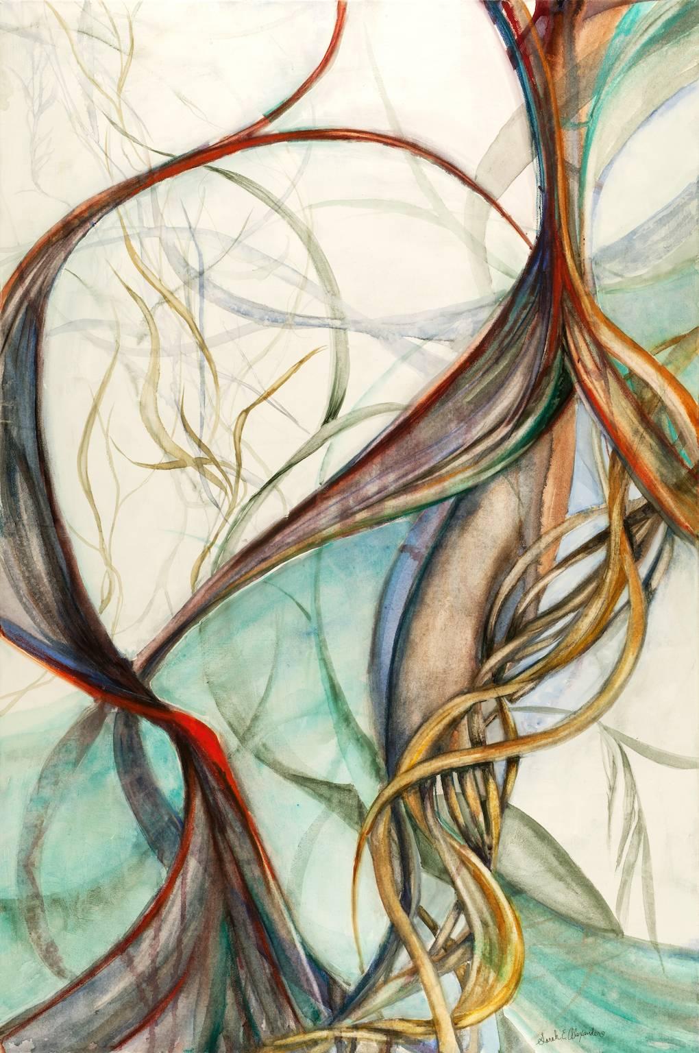 Sarah Alexander Abstract Painting - "Current", abstract, contemporary, turquoise, white, soft browns, watercolor