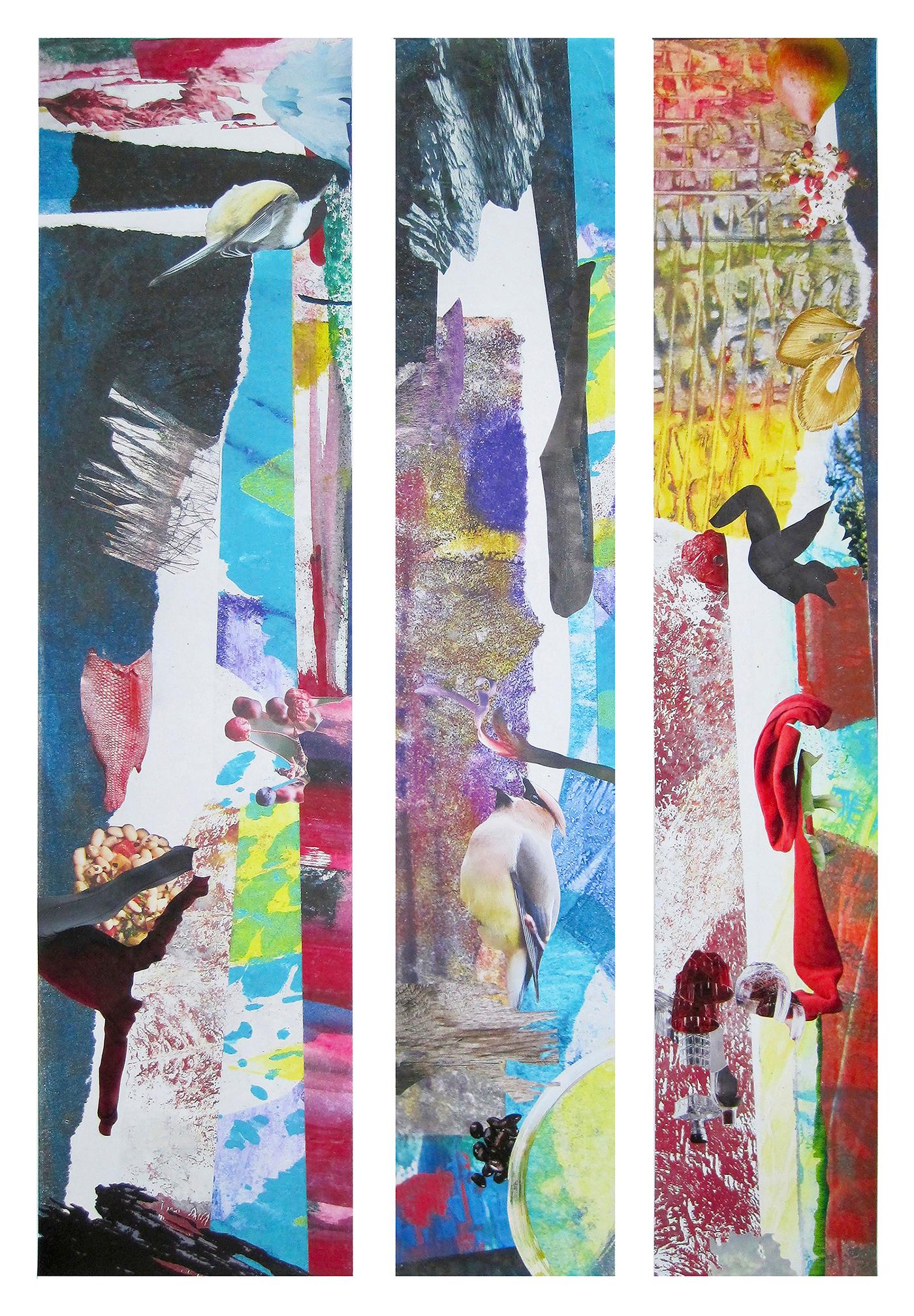 "Hawaiian Lollapalooza", surreal, abstract, collage, blues, reds, birds, fish - Mixed Media Art by Monica DeSalvo