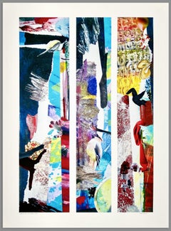 "Hawaiian Lollapalooza", surreal, abstract, collage, blues, reds, birds, fish