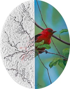 "Collapse: Of Nature #1", oil, ink, geometric, nature, bird, oval, red, painting