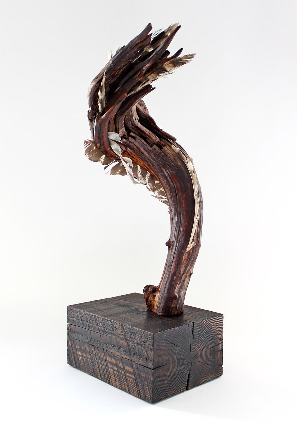 "Ascending Flourish", sculpture, wood, mountain laurel, feather, browns, reds - Sculpture by Miller Opie