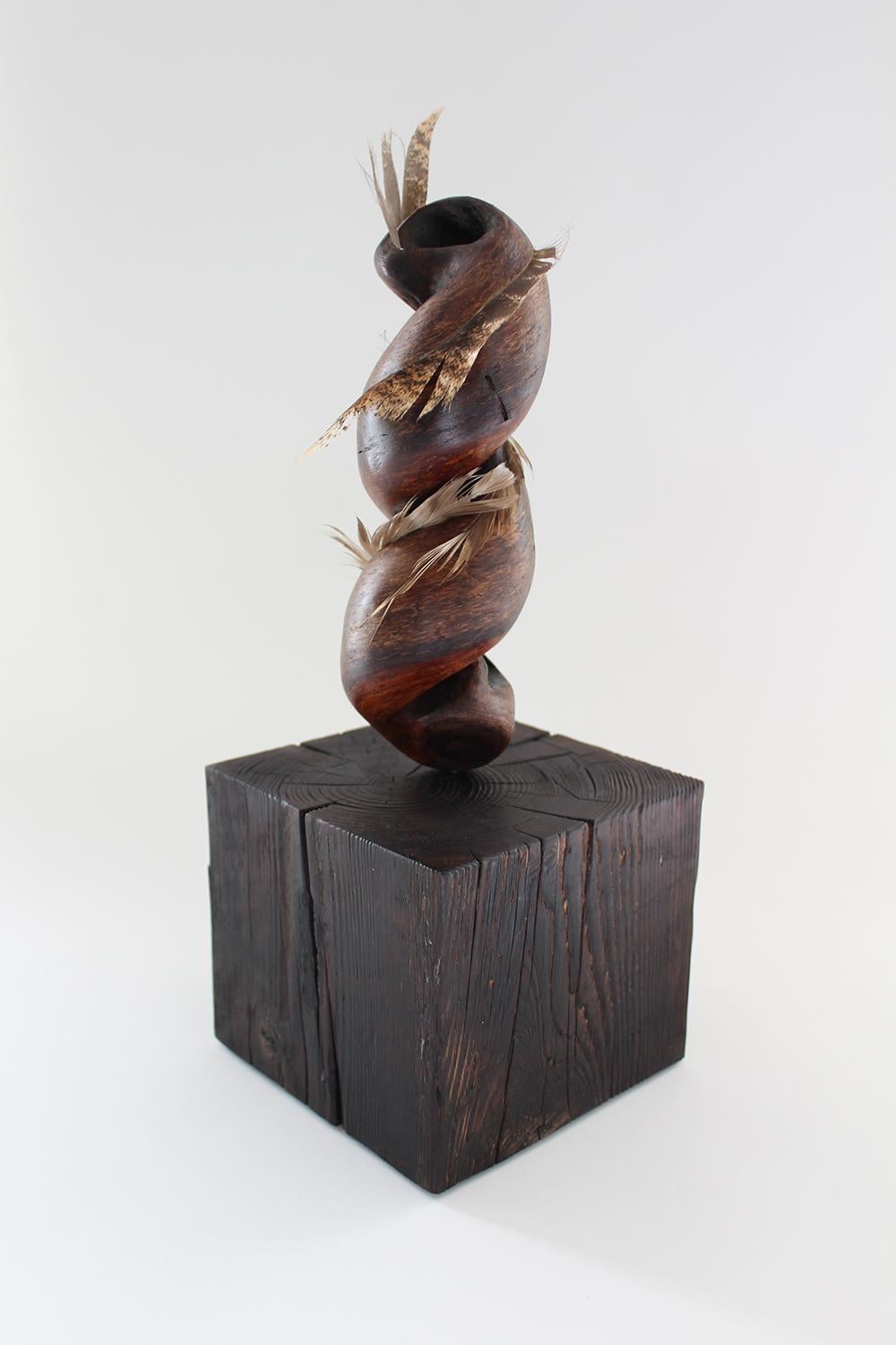 Miller Opie Abstract Sculpture - "Silent Whirlabout", wood, white oak, feather, browns, ivories, reds, sculpture