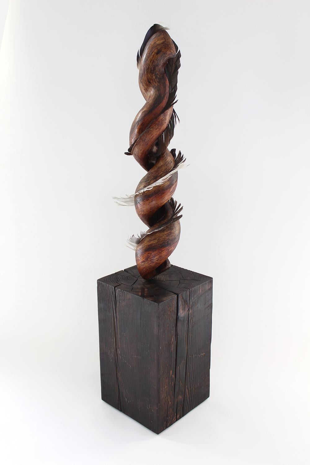 "Swishing Larkspur", contemporary, wood, white oak, feather, browns, sculpture - Sculpture by Miller Opie
