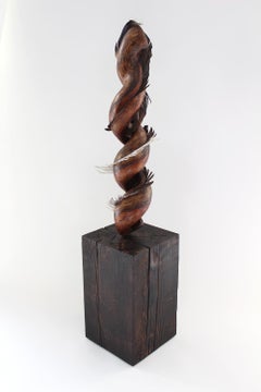 "Swishing Larkspur", sculpture, wood, white oak, feather, browns, ivories, reds