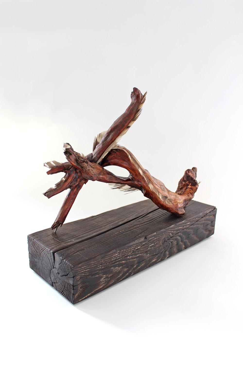 Miller Opie Abstract Sculpture - "Whirled Laurel", contemporary, wood, laurel, feathers, browns, reds, sculpture