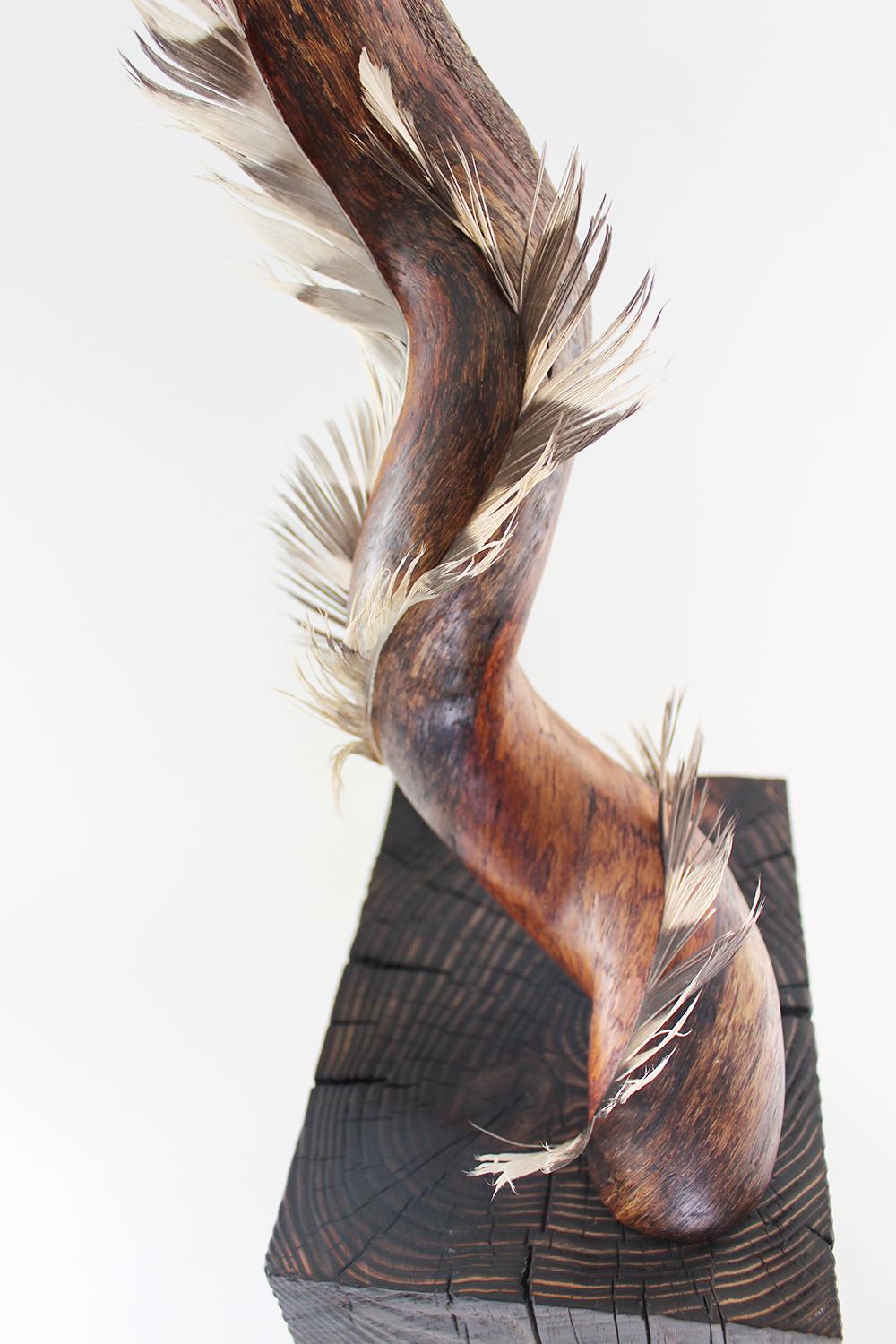 Miller Opie’s “Whisking Dream” is a gestural 22.5 x 8 x 6 inch White Oak wood sculpture with found feather details embedded into the wooden grain. It is the sixth piece in her 8 piece 