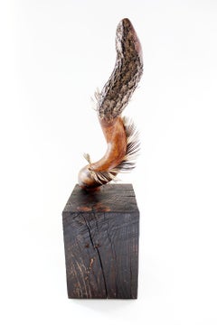 "Whisking Dream", sculpture, wood, white oak, feather, hemlock, brown, red