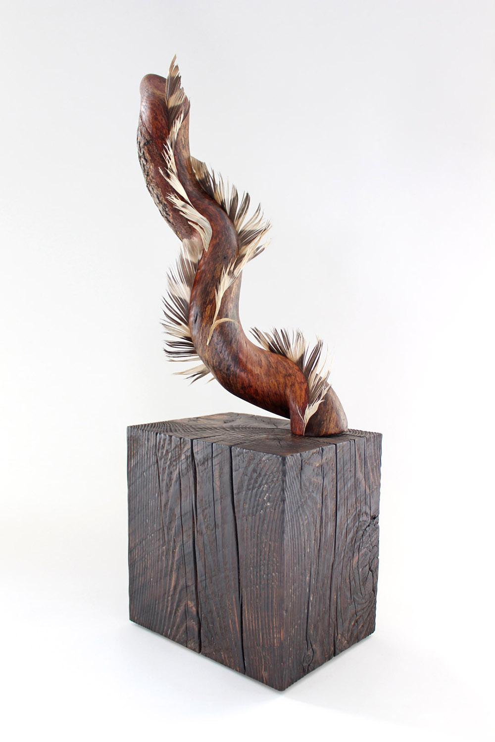 Miller Opie Abstract Sculpture - "Whisking Dream", sculpture, wood, white oak, feather, hemlock, brown, red