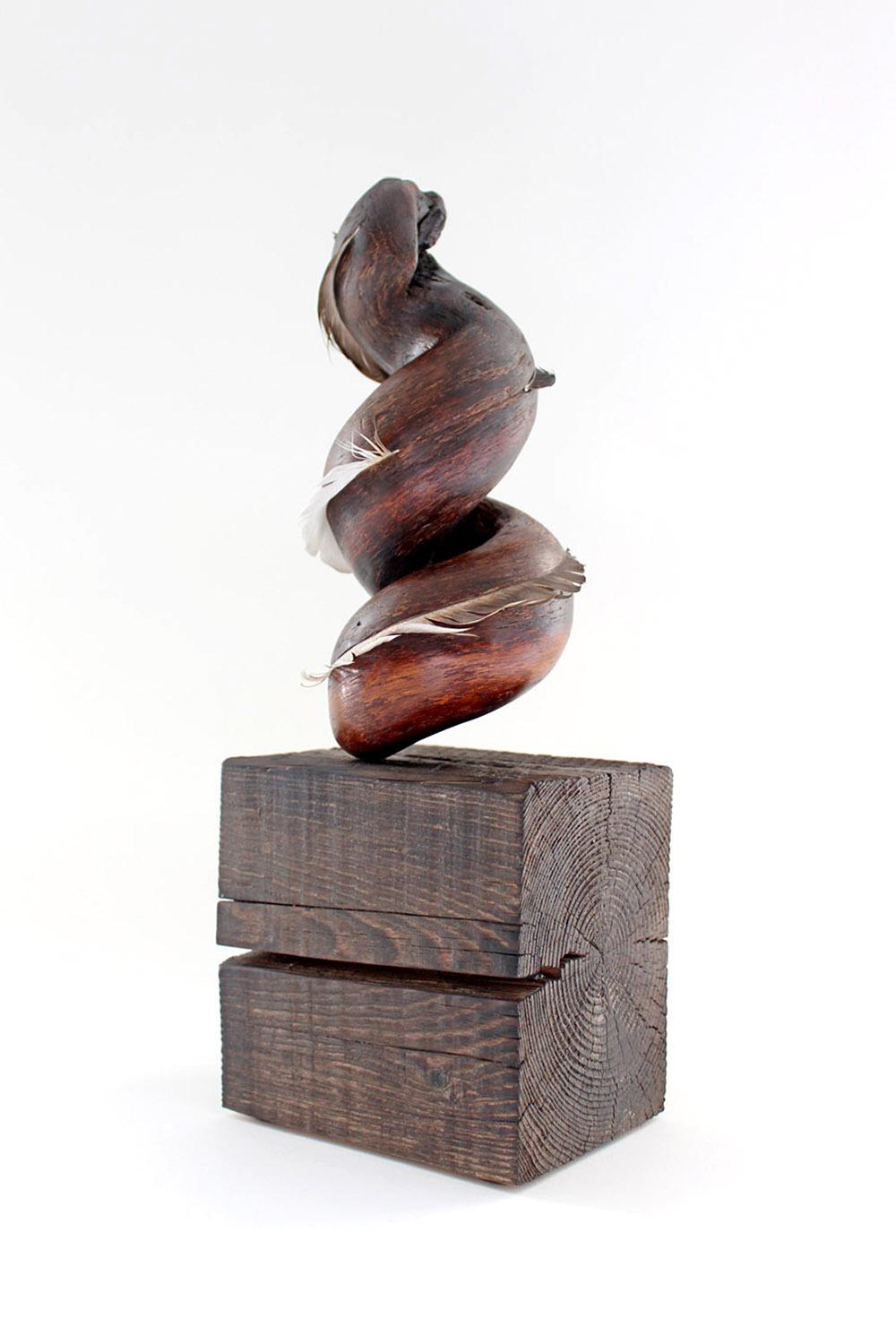 "Whispering Dervish", wood, white oak, feather, hemlock, brown, red, sculpture - Sculpture by Miller Opie