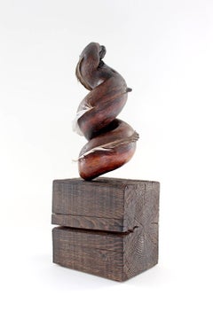 "Whispering Dervish", wood, white oak, feather, hemlock, brown, red, sculpture