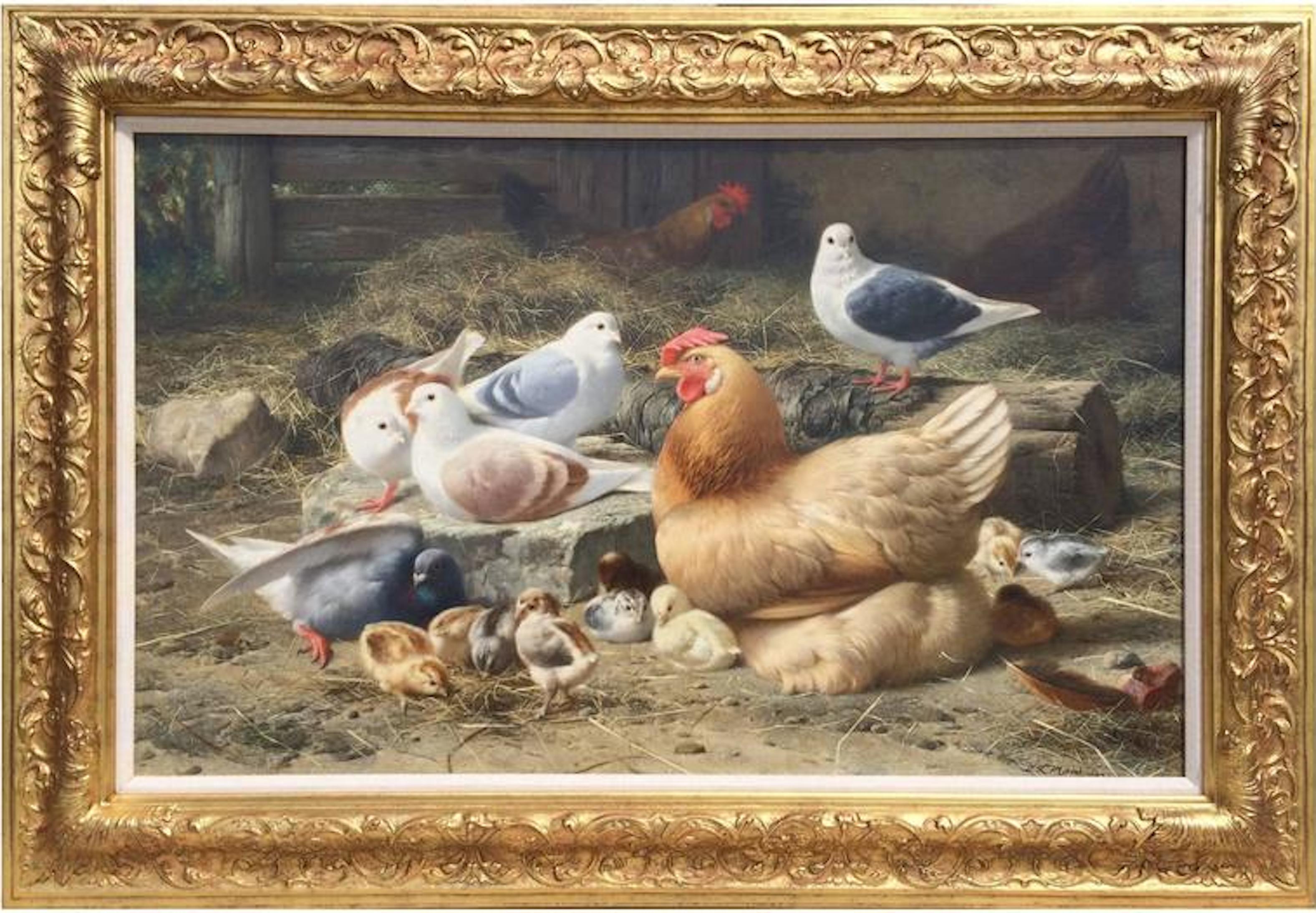 Eugene Remy Maes Animal Painting - The Gathering in the Barnyard