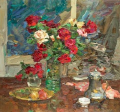 Bodegón con té y flores