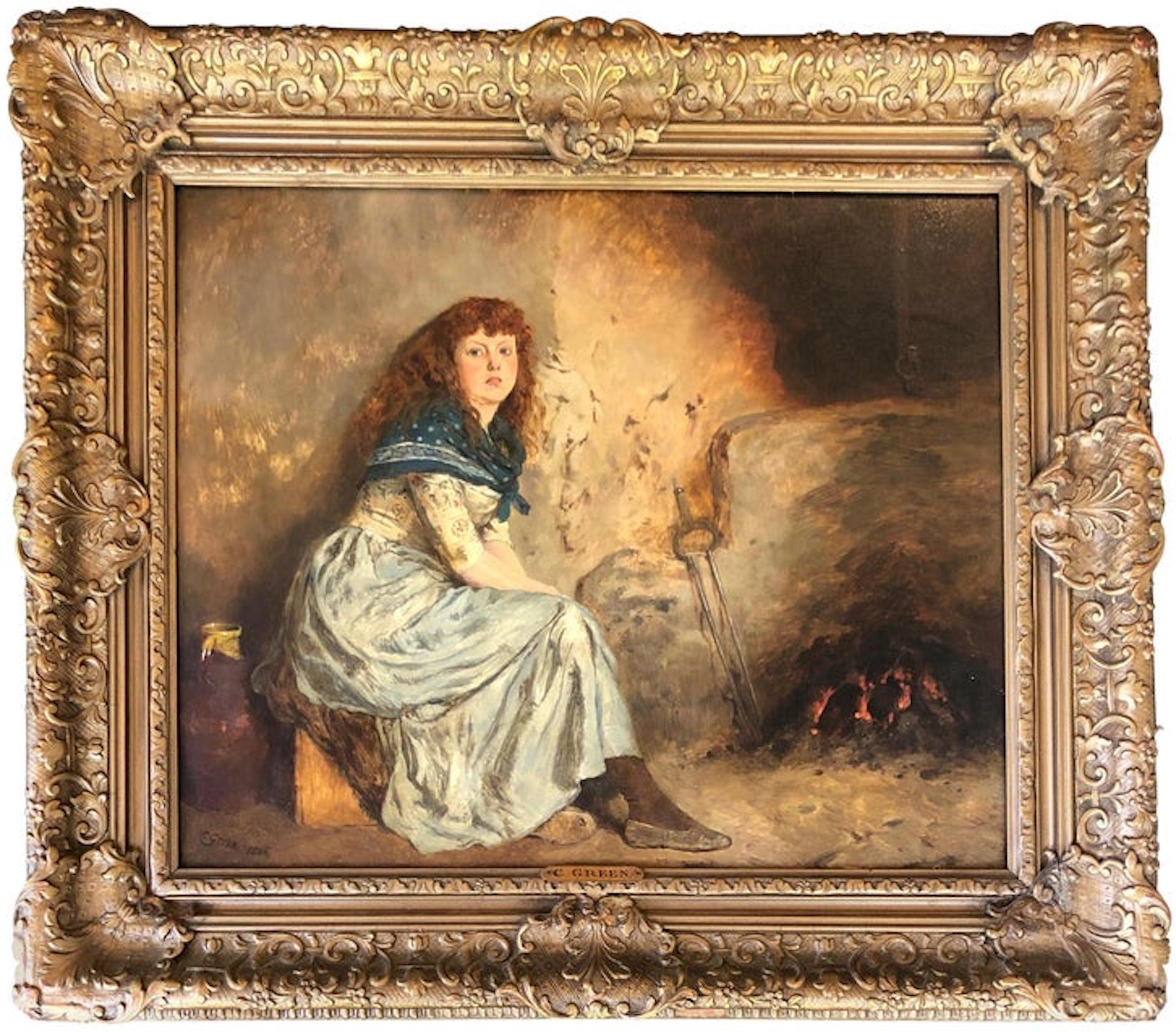 Charles Green Figurative Painting – Warmung durch das Feuer