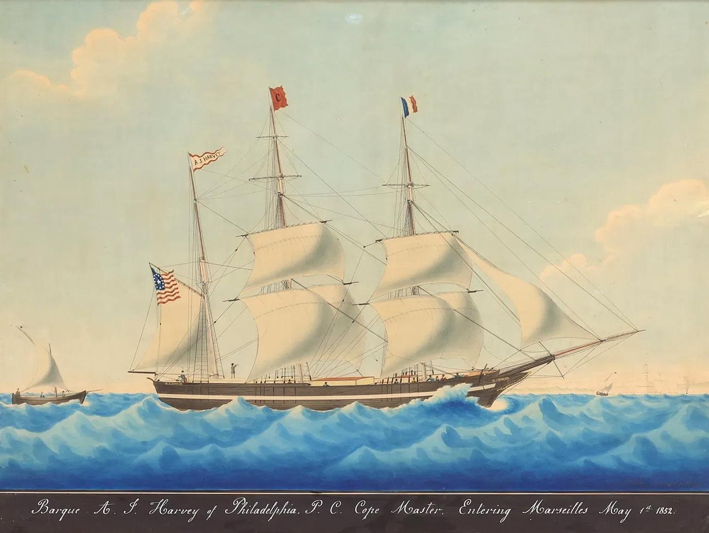 Joseph Honore Maxime Pellegrin Landscape Art – Die amerikanische Barke A.J. Harvey segelt nach Marseille