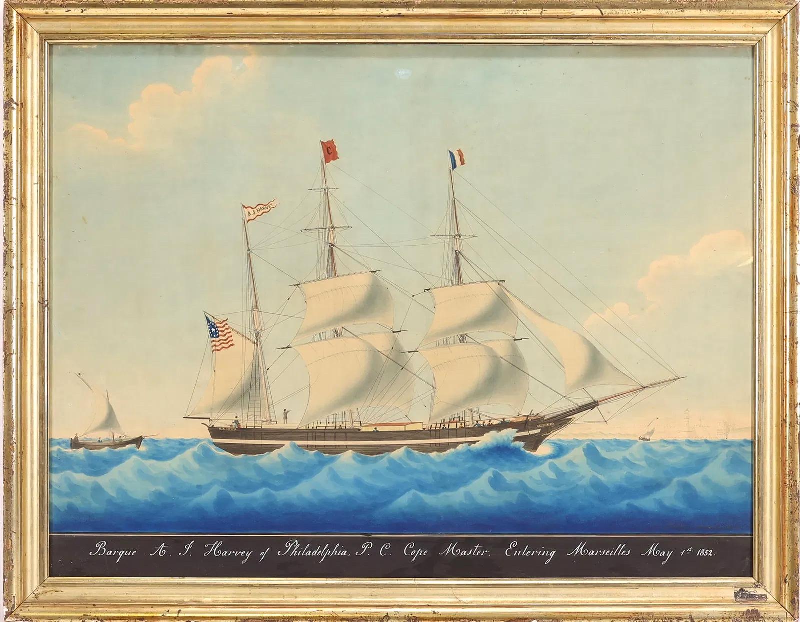 Die amerikanische Barke A.J. Harvey segelt nach Marseille – Art von Joseph Honore Maxime Pellegrin