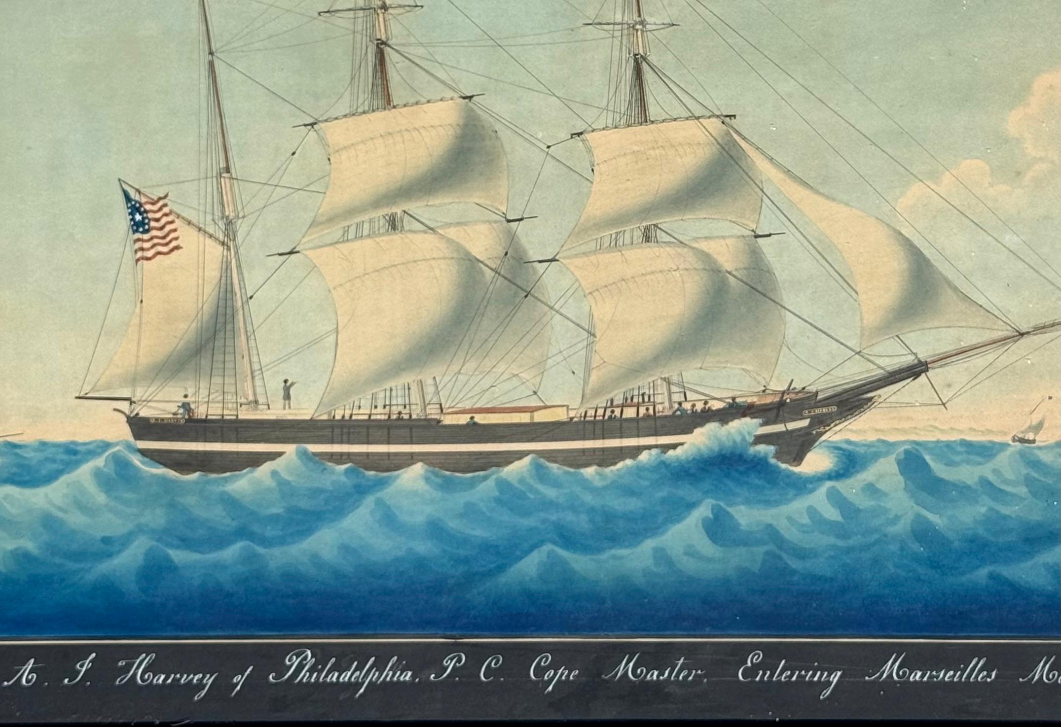 Die amerikanische Barke A.J. Harvey segelt nach Marseille (Volkskunst), Art, von Joseph Honore Maxime Pellegrin