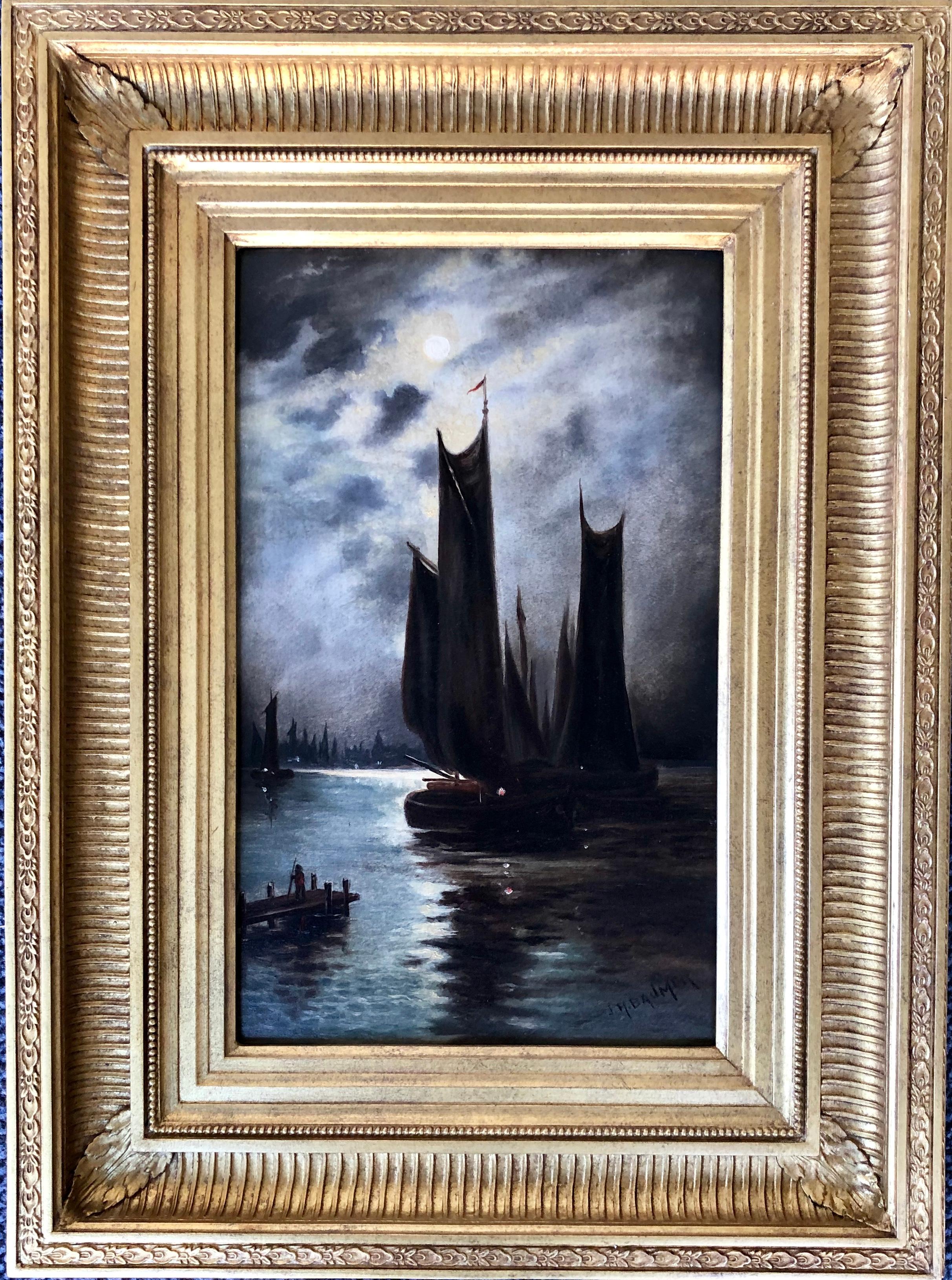 Harbor by Moonlight - Painting by Julius Baumer 