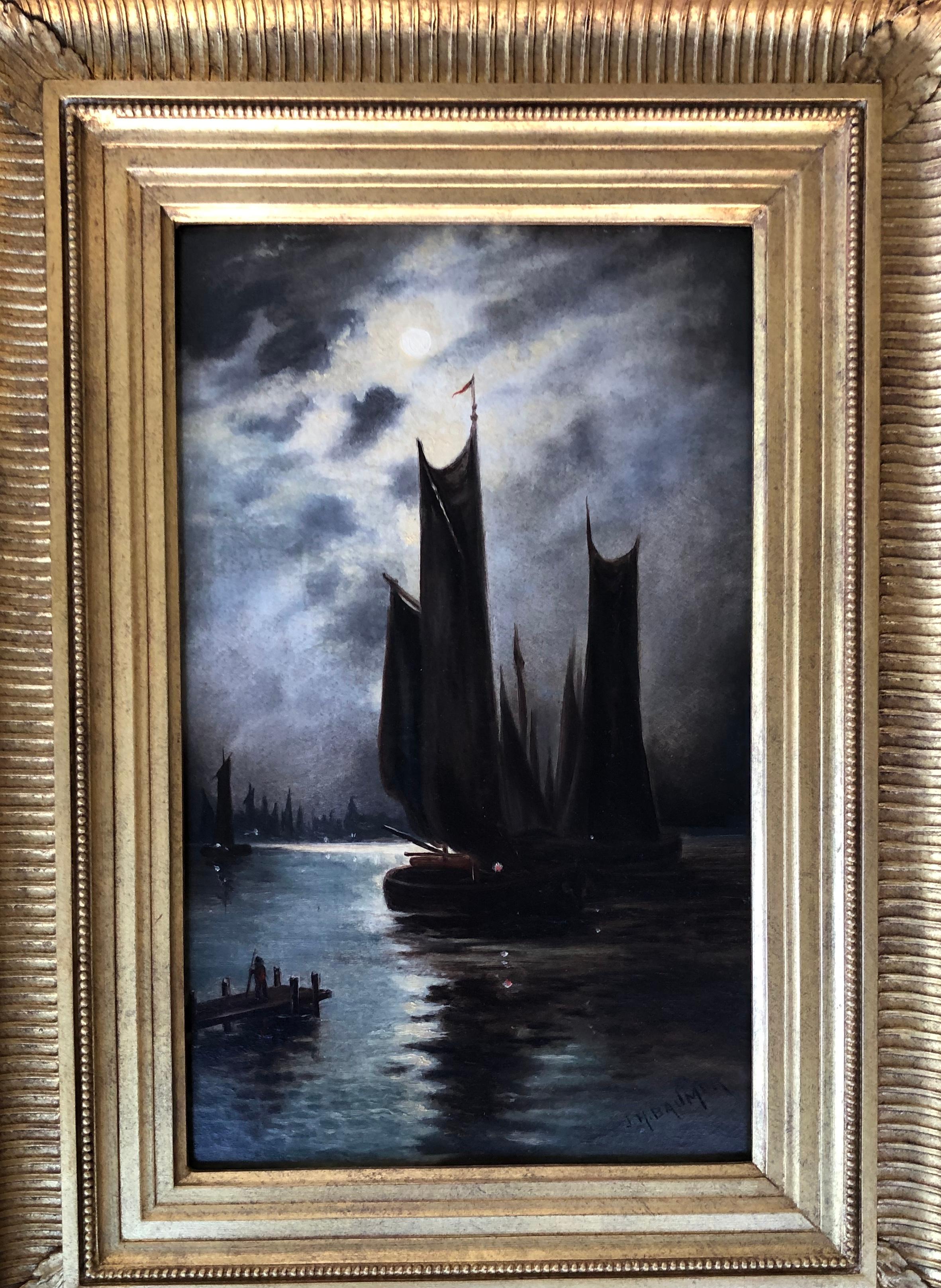 Harbor by Moonlight - Brown Landscape Painting by Julius Baumer 