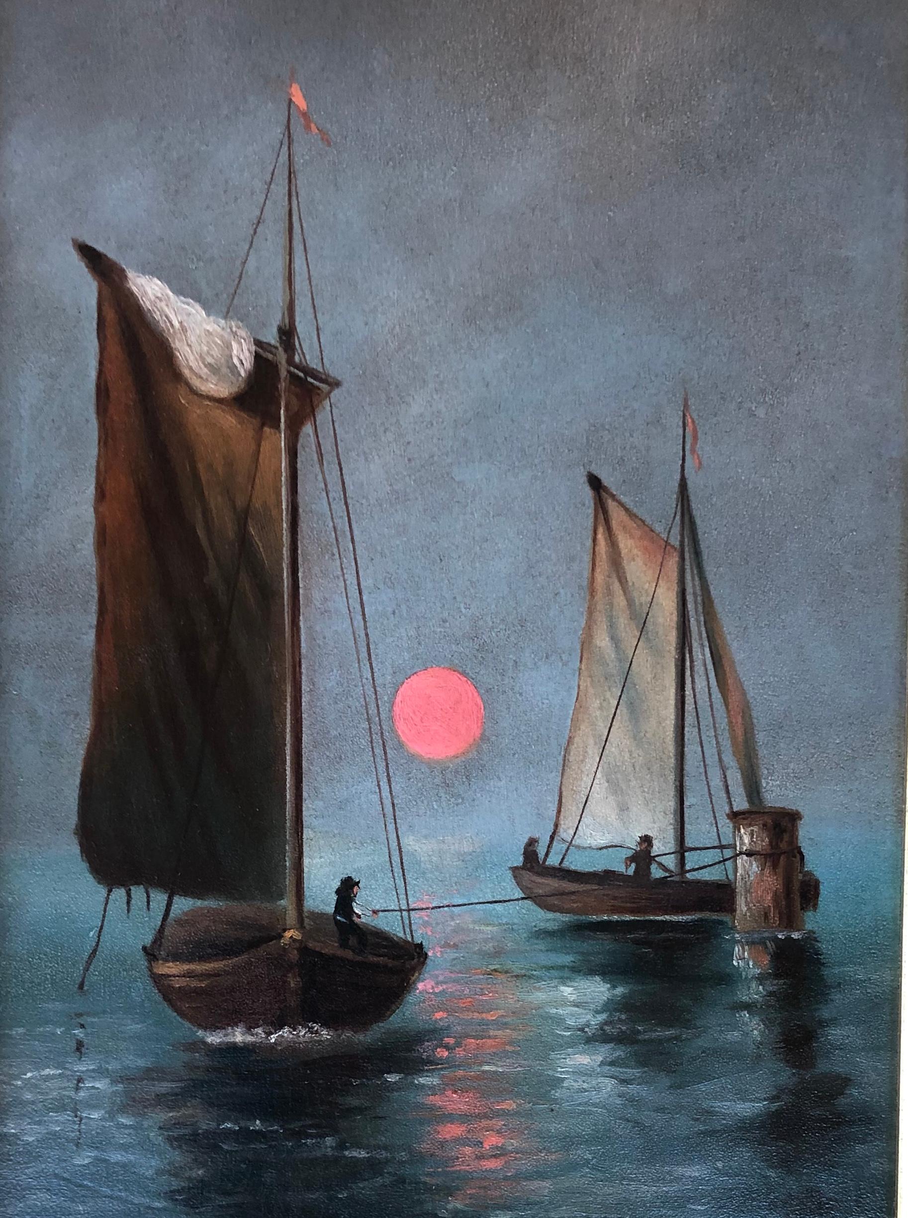 Boats at Sunset - Painting by Julius Baumer 
