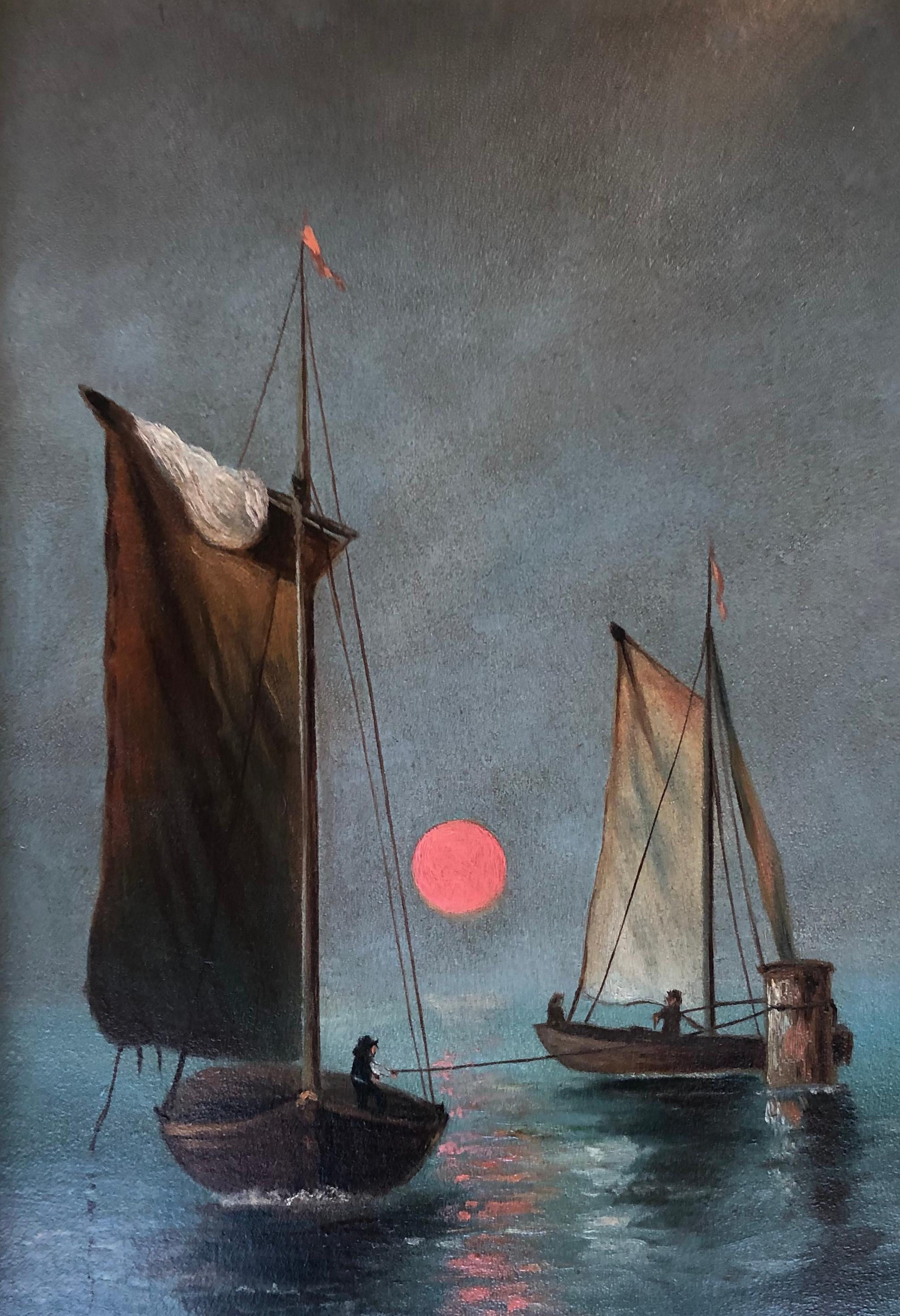 Boats at Sunset - Victorian Painting by Julius Baumer 