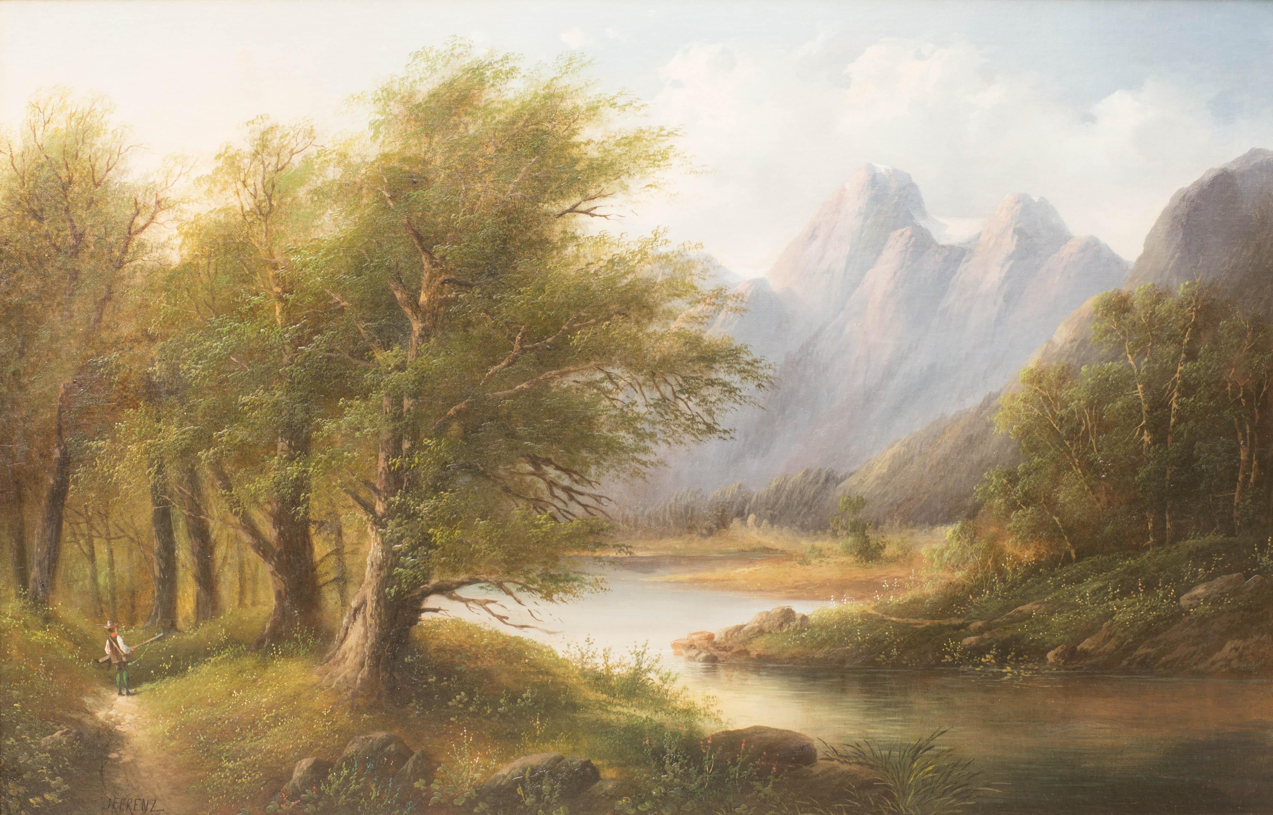 A Hunter in the Alps - Painting by J Ferenz