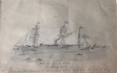 Pencil drawing off of Sandy Hook, NY of a ship on its way to Brazil