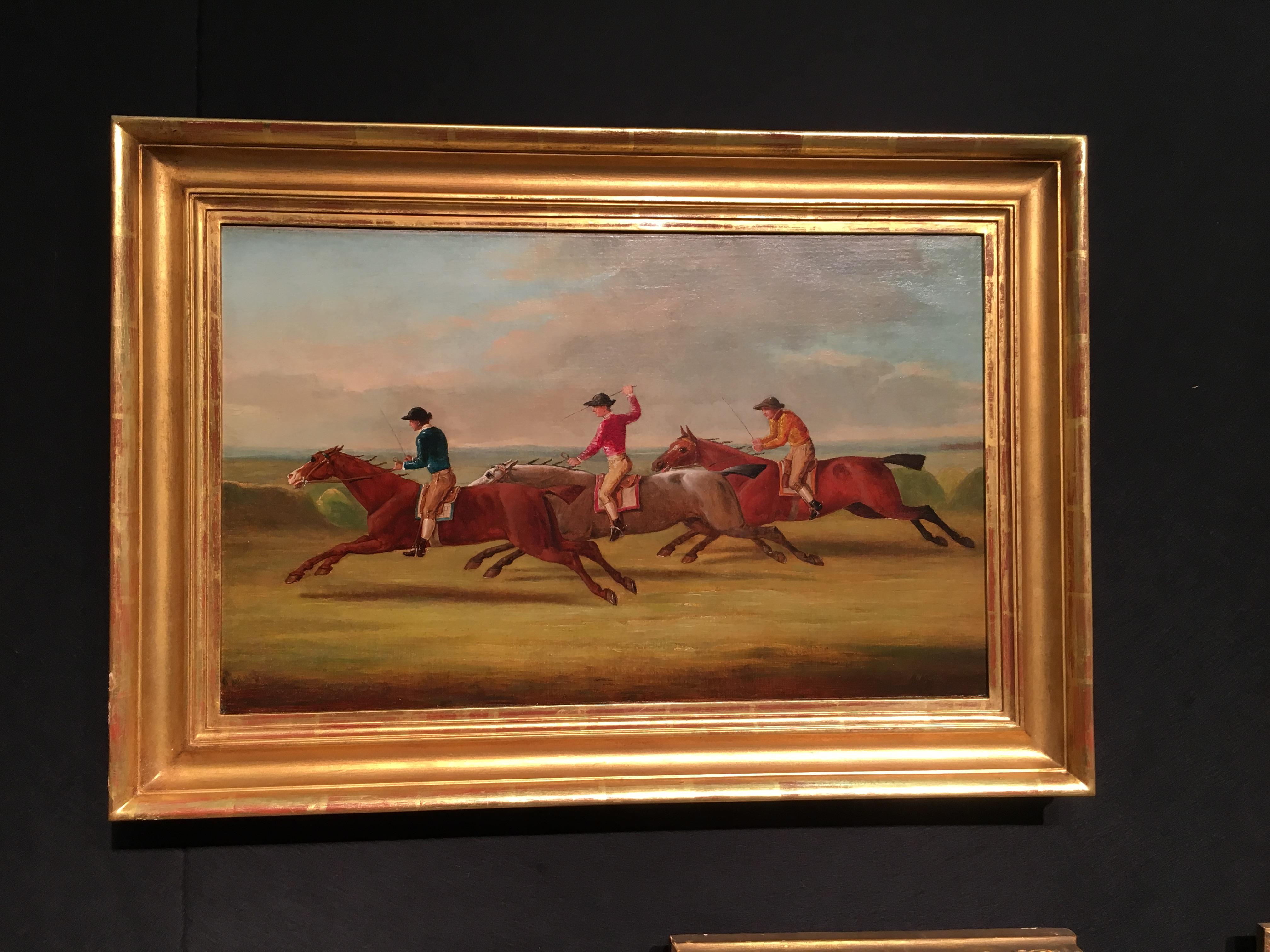 John Nost Sartorius Figurative Painting - English horse racing scene with three horses and jockeys in mid gallop