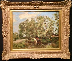 English Impressionist landscape with cows drinking at a pond