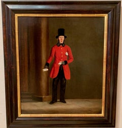 English portrait of a mid 19th century Postman in red jacket, holding mail