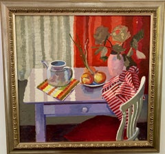 Nature morte d'intérieur anglaise avec théière, table et chaise, fruits et fleurs 1950s