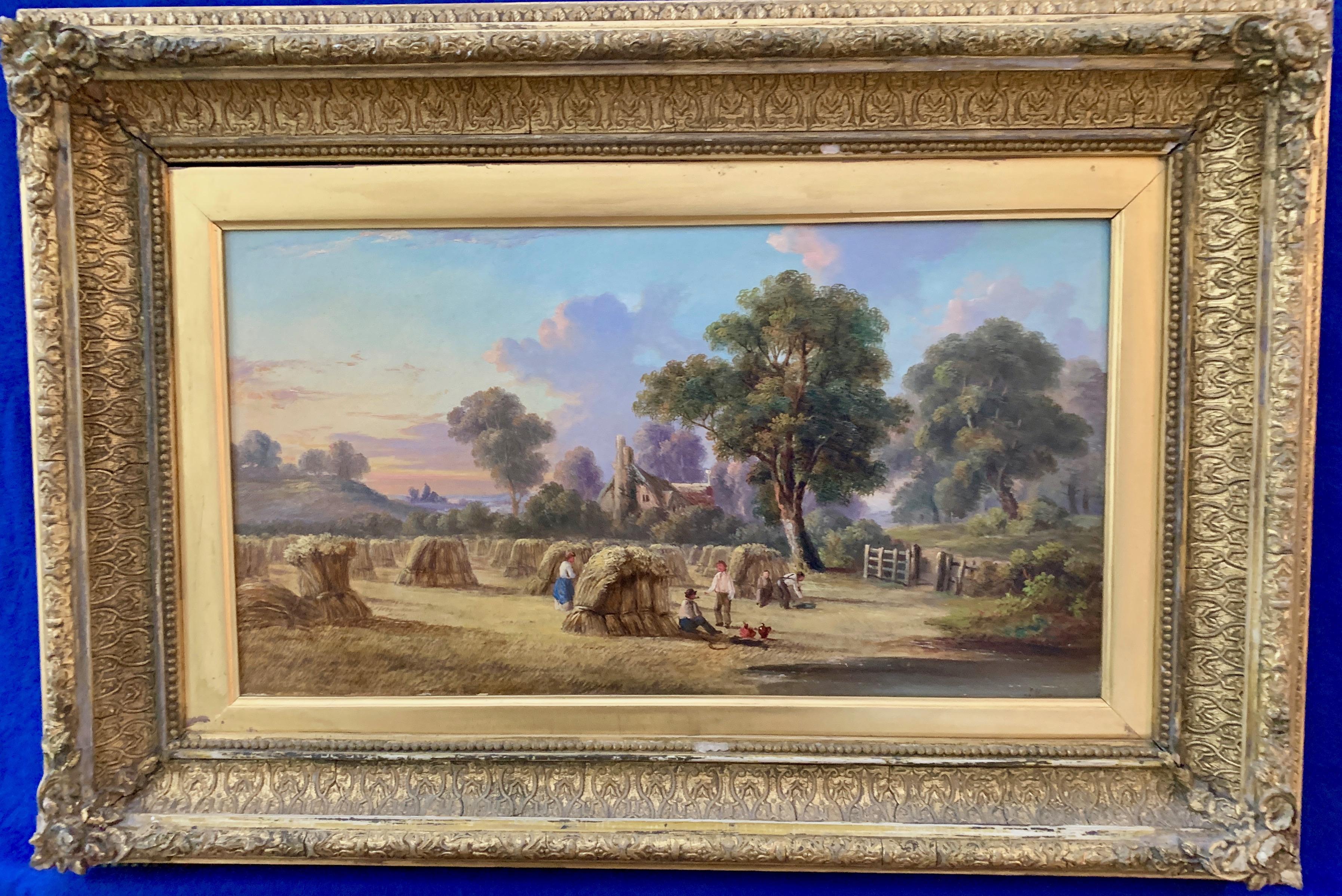 Landscape Painting John Mundell - Paysage de moisson d'été victorien anglais ancien du 19e siècle, avec des personnages.