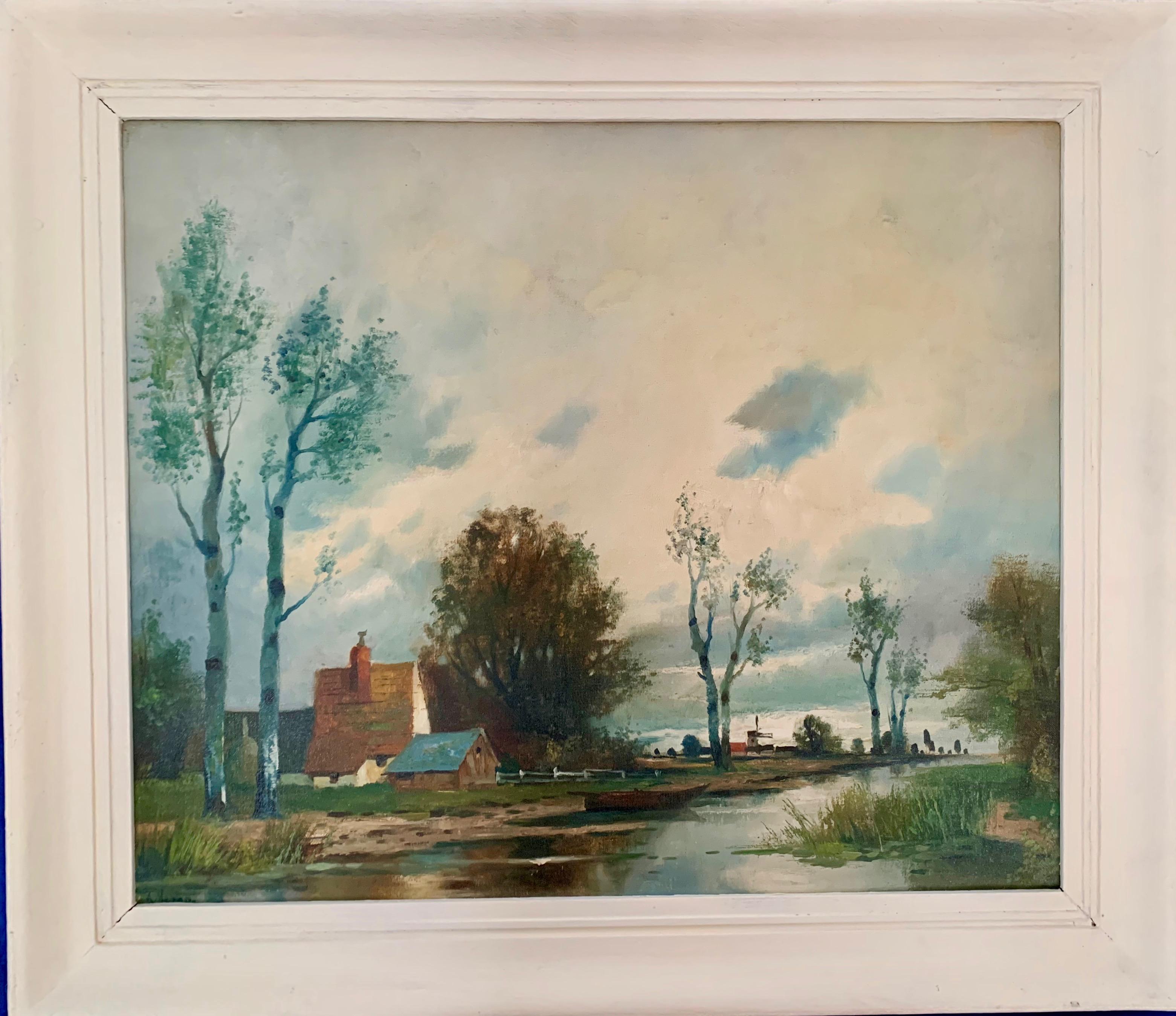 Figurative Painting Abraham Herbe - Paysage de rivière néerlandaise impressionniste du début du 20e siècle, huile sur toile