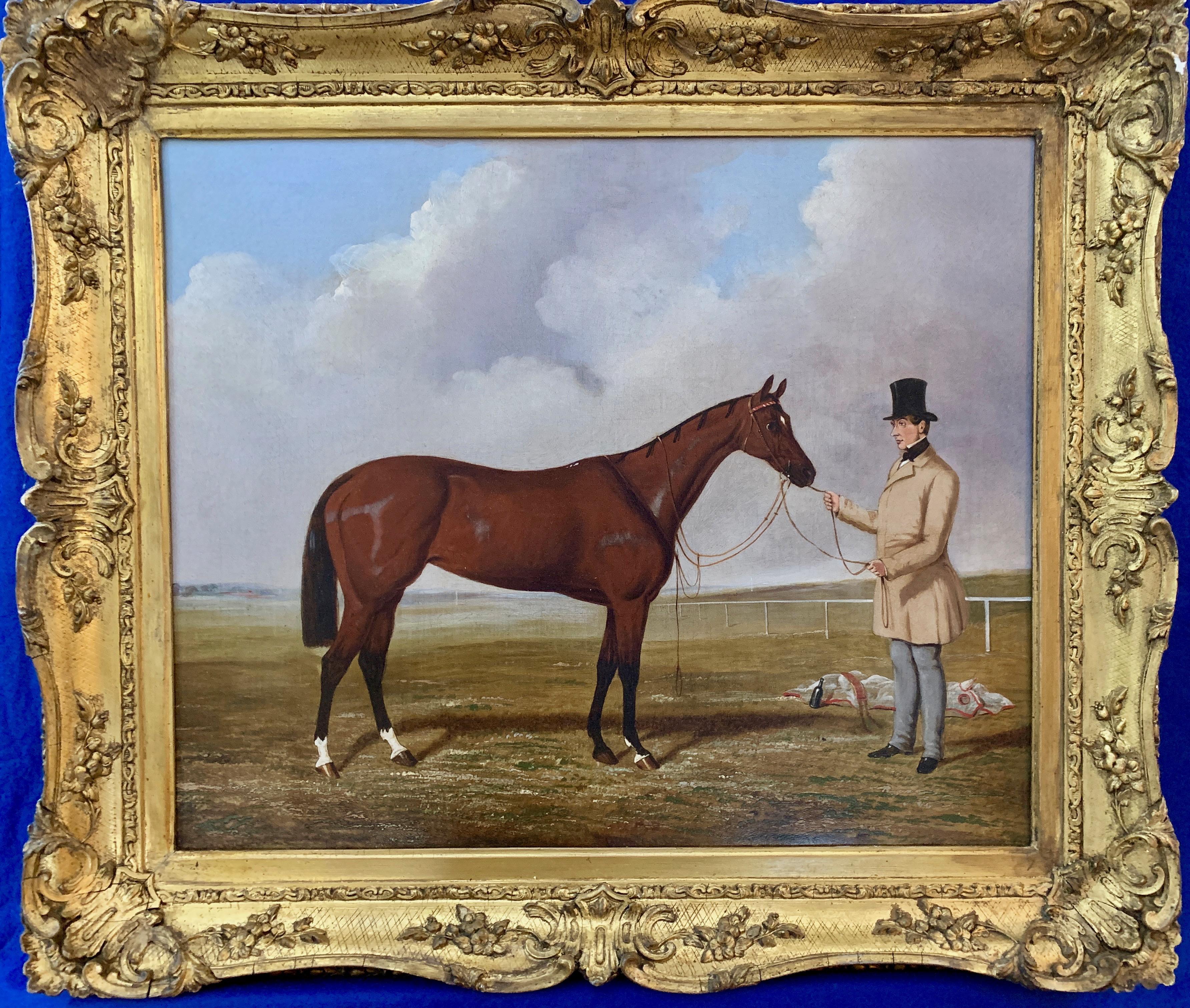 Thomas R Hart Animal Painting - Victorian 19th Century English Race Horse and Owner by a Race Track