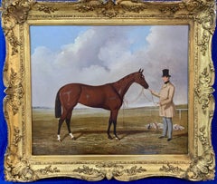 Victorian 19th Century English Race Horse and Owner by a Race Track