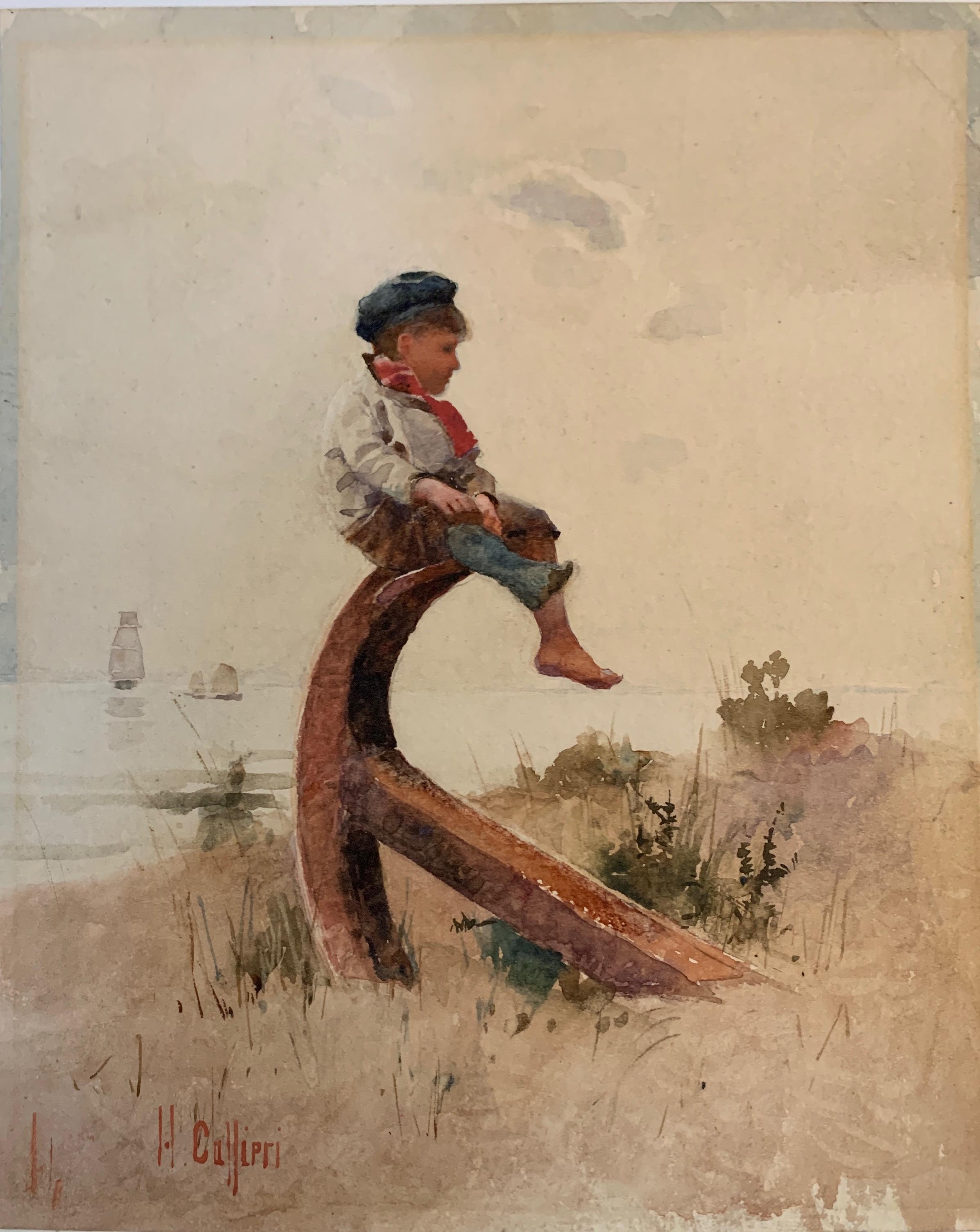 Hector Caffieri Portrait - British Victorian sailor boy seated by the sea on an anchor
