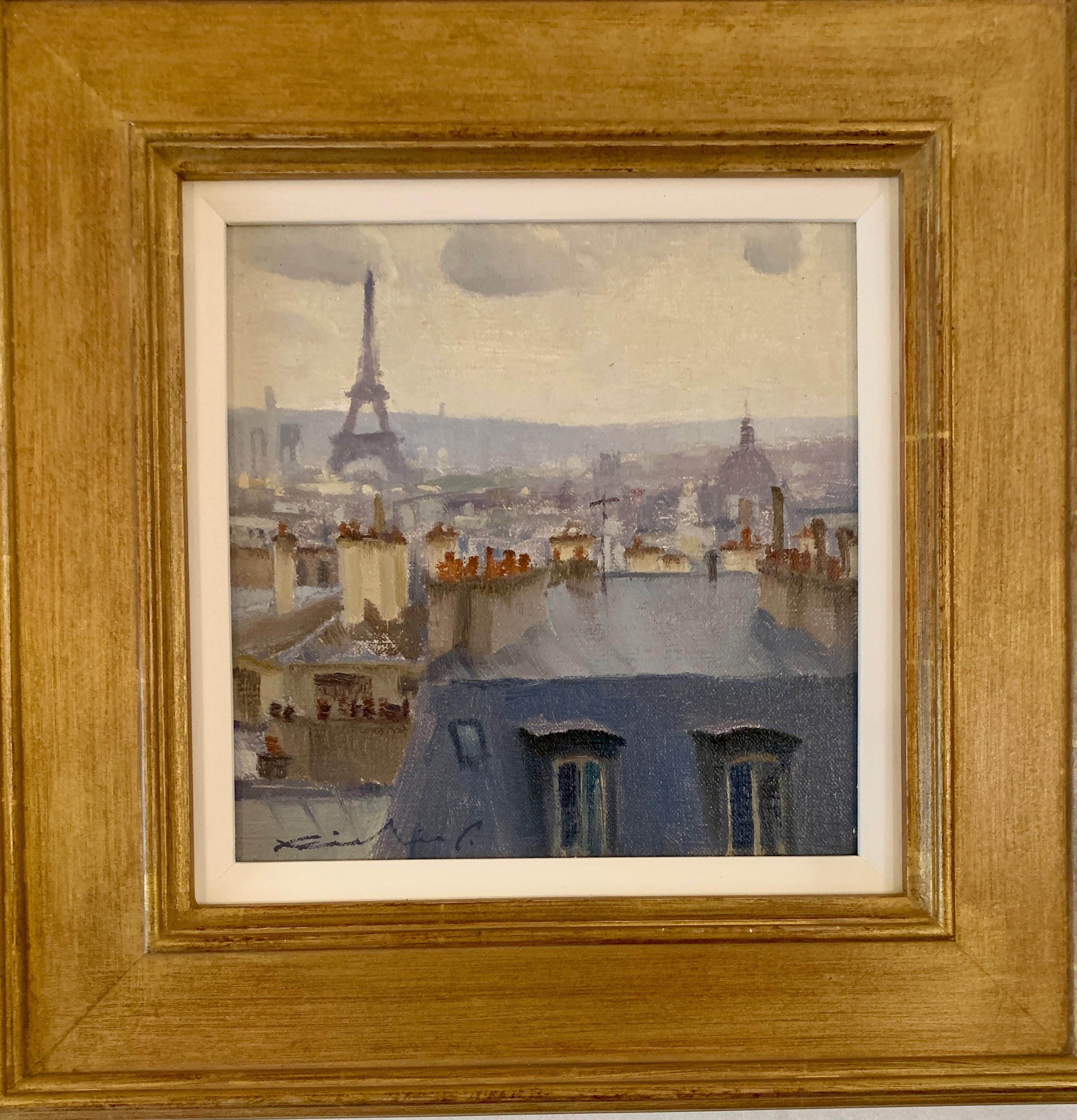 French roof top scene, with the Eiffel Tower, Paris , France, Impressionist