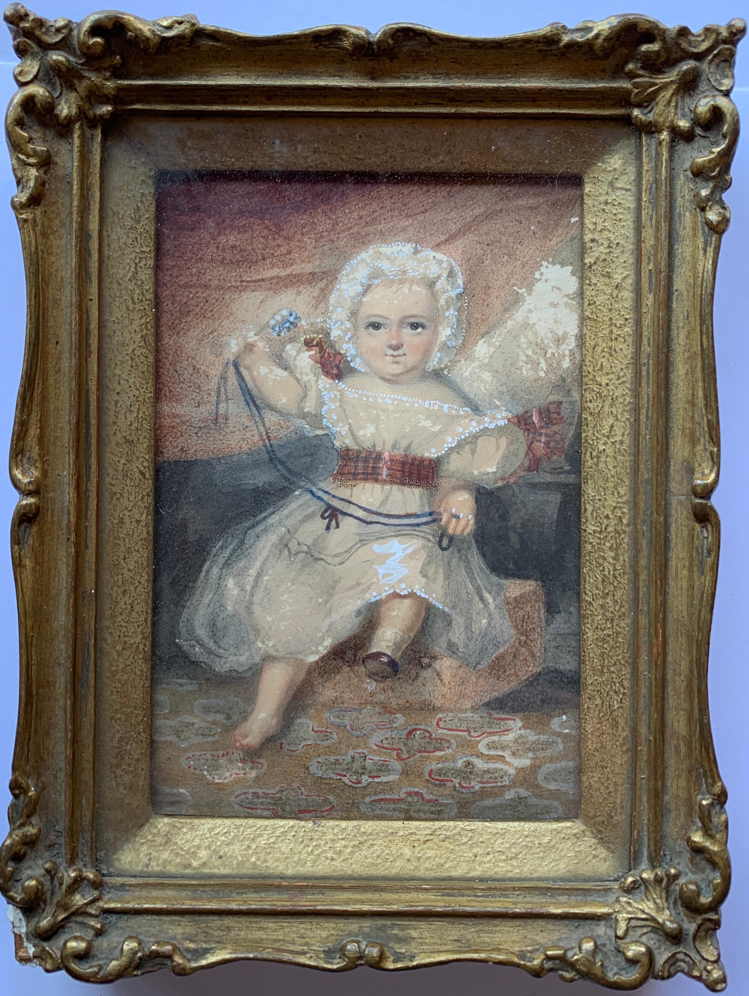 Viktorianisches viktorianisches Porträt eines kleinen Babymädchens oder eines Kindes, das mit ihren Spielzeugen spielt