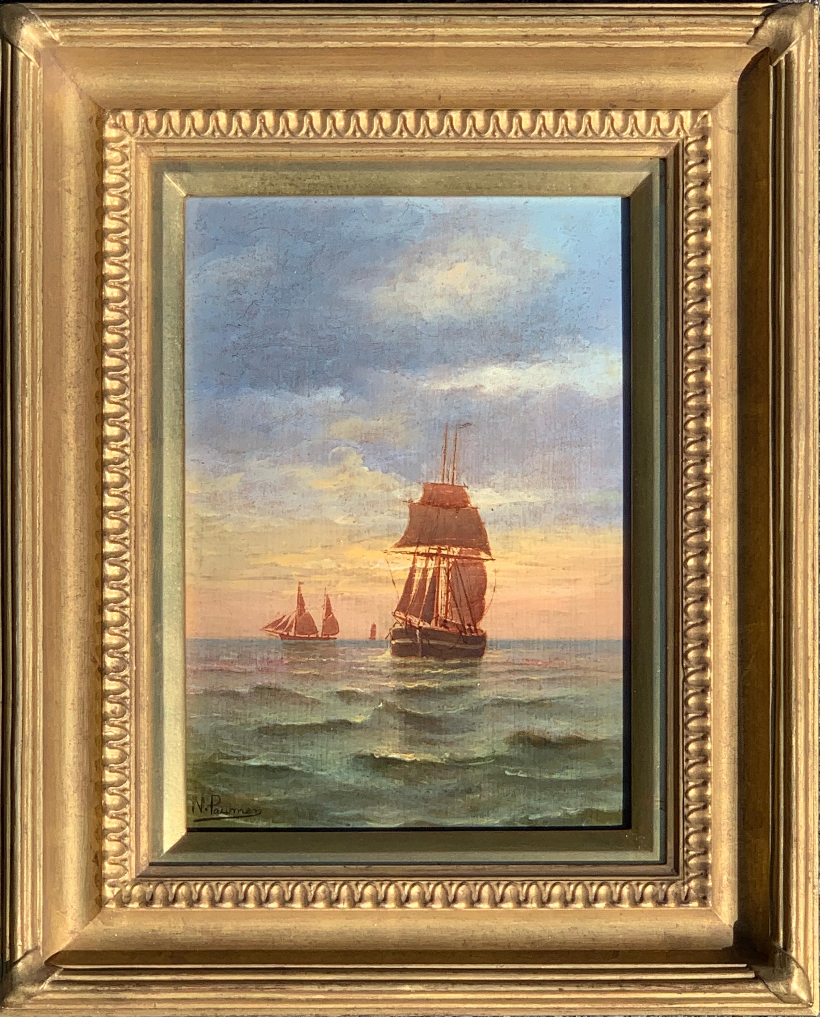 N. Pauman Figurative Painting - French 19th century Victorian Shipping scene at Sunset